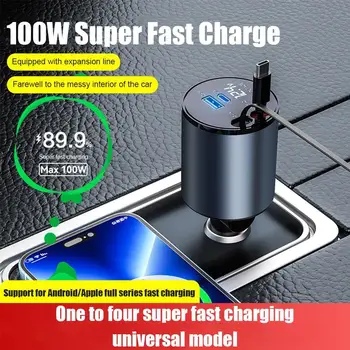 100 Вт 4 В 1 Выдвижное Автомобильное Зарядное Устройство USB Type C Кабель Для Быстрой Зарядки Шнур Прикуривателя Адаптер Для iPhone Samsung 18