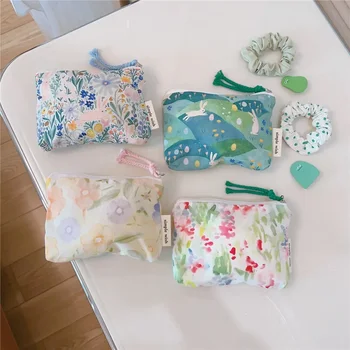 1шт Свежий и милый цветочный мини-хлопчатобумажный мешок из чистого хлопка с нулевым кошельком, сумка для карт, сумка для хранения наушников