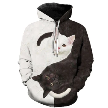 2023 Новое поступление, черно-белый кот, 3D толстовки с капюшоном, мужские и женские Модные повседневные пуловеры, уличная одежда в стиле харадзюку, толстовки