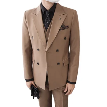 2023 Новый модный мужской двубортный костюм M-4XL с острым воротником в британском стиле, многоцветный деловой костюм кофейного цвета. 11
