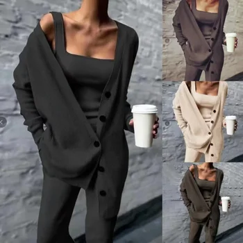2023 Новый однобортный повседневный стильный вязаный комплект из трех предметов в женском стиле, верхняя одежда, жилет, брюки T764 1
