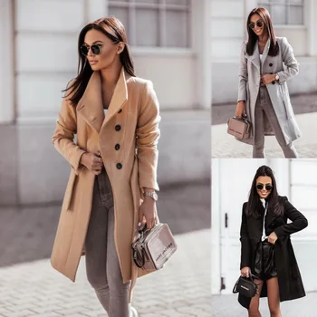 2023 Осенне-зимнее твидовое пальто для женщин, однотонные твидовые пальто средней длины на шнуровке, куртки для женщин 16