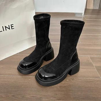 2023 Осенне-зимние женские ботинки на платформе из флока, увеличивающие рост, черные эластичные ботинки до середины икры, женская модная повседневная новая дизайнерская обувь 7