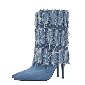 2023 Осенне-зимний модный женский пуловер на высоком каблуке-шпильке с острым носком, Плюшевые ботильоны, пикантные джинсы в тон. 5
