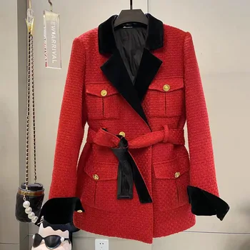 2023 Осень-Зима, Шикарный женский Высококачественный красный твидовый пояс, пальто с подкладкой из 90% белого утиного пуха C401 14