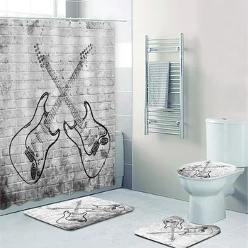 3D Крутой музыкальный плакат в стиле гранж-рок на кирпичной стене, занавески для душа в ванной, набор для ванной комнаты, Винтажная гитара в стиле панк, коврики для ванной, декор 10