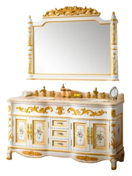 55 дюймов. двойная раковина, золотые туалетные принадлежности на заказ, классические шкафы для ванной в европейском стиле в стиле барокко с шикарным длинным серебряным зеркалом и ножками