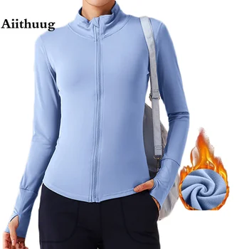 Aiithuug Теплые Флисовые внутренние куртки для йоги с матовой отделкой, спортивная зимняя куртка, теплый бархат для тренажерного зала с длинным рукавом, для фитнеса с отверстием для большого пальца, для бега 19