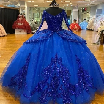 ANGELSBRIDEP Королевское синее бальное платье с длинными рукавами Пышные платья для 15 вечеринок С блестящим кружевом, Сладкие Платья для 16 принцесс на День рождения