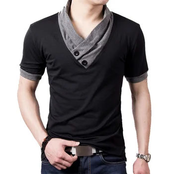 B1831 Тонкая хлопковая черная футболка с V-образным вырезом в стиле пэчворк с коротким рукавом, мужские топы и тройники на пуговицах 10