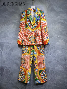DLDENGHAN Fashion Ранняя осень, винтажный комплект с многоцветным принтом, женские куртки с карманами с длинным рукавом + широкие брюки с высокой талией, костюмы 8