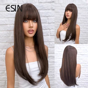 ESIN Синтетические коричневые Длинные прямые парики с челкой из натуральных волос для косплея для женщин, парик из термостойкого волокна для вечеринки
