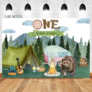Laeacco One Happy Camper Фон для Дня рождения, Лесной кемпинг, Медведь, Костер, Лесной портрет животного, Фон для фотосъемки на заказ