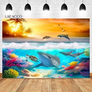Laeacco, Фон для фотосъемки на фоне летнего океана, Морская Черепаха, океан, Коралловое небо, Облака, Приморские острова, Фон для душа ребенка 18