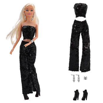 NK 1 комплект для кукольной сцены, блестящее черное платье: топ + брюки + серьги + браслеты + высокие каблуки для куклы Барби, аксессуары для игрушек.