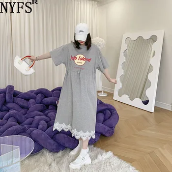 NYFS 2023 Летнее Новое Корейское женское платье Fat MM, Vestidos Robe Elbise, свободные хлопковые длинные платья большого размера с коротким рукавом 3