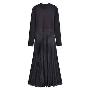 UNIZERA 2024 Весеннее Новое Женское Черное Темпераментное Модное Маленькое Плиссированное Комбинированное Длинное Платье Миди 11