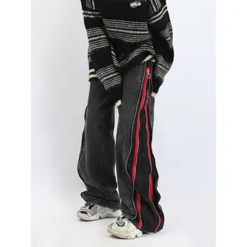 Y2K 2023, Новый американский стиль, черно-красная Двойная молния, мужские джинсы, прямые брюки, Хип-хоп, Свободные, широкие, повседневные 12