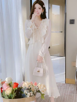 Белое Роскошное свадебное платье с оборками для женщин, Весеннее Элегантное платье с длинным рукавом и высокой талией 2023, Корейские облегающие повседневные платья 17