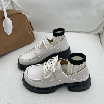 Белые лоферы для женщин, весна 2024, маленькие кожаные туфли на квадратном каблуке со шнуровкой, женские удобные повседневные тонкие туфли с низким берцем 1