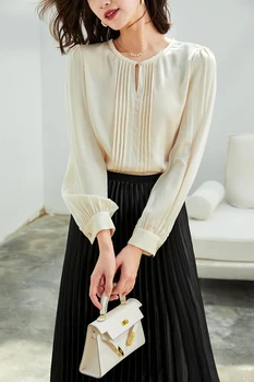 Блузка Женская рубашка 92% шелк Простой дизайн с круглым вырезом и длинным рукавом, Однотонный Офисный топ 2 цветов, Новая мода, весна 1