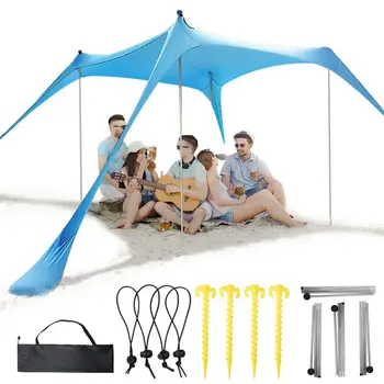 Большой семейный Пляжный тент, Сверхлегкая Солнцезащитная палатка с мешком с песком и шестами UPF50 +, Переносная пляжная палатка для кемпинга на открытом воздухе 4