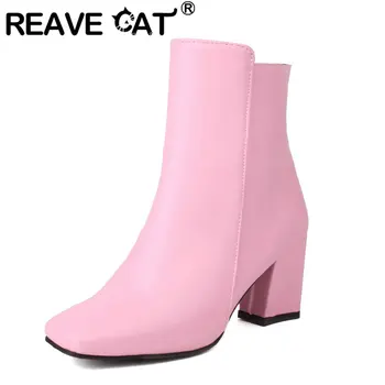 Бренд REAVE CAT, женские модные ботильоны с квадратным носком на блочном каблуке 7 см, молния, большие размеры 48 49 50, Лаконичные женские ботильоны для ежедневных вечеринок. 11
