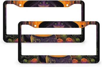 Ведьма и горшок Номерной знак на Хэллоуин 2 штуки Рамка для номерного знака на Хэллоуин Подходит для всех автомобильных алюминиевых рамок для номерных знаков с 2 отверстиями 16