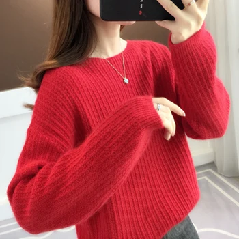 Весенний женский свитер Корейской версии, свободный, фиолетовый, красный, Белый, Розовый, пуловер с круглым вырезом, вязаный топ в стиле харадзюку, женский топ 5