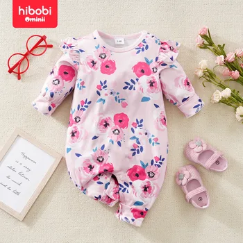 Весенний комбинезон с цветочным узором для маленьких девочек hibobi, милый удобный комбинезон для ползания с круглым вырезом, подходящий для младенцев 0-18 месяцев 18