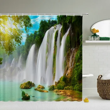 Водонепроницаемые занавески для душа с водопадом и лесным пейзажем, 3d занавески для ванной комнаты с крючками, украшение для печати, Моющаяся ширма для ванны 16