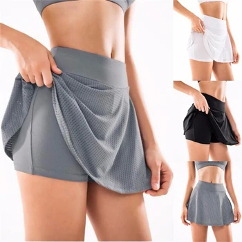 Воздухопроницаемой сеткой женские теннисные юбки с высокой талией сплошной цвет йога фитнес быстро сухой дышащий юбка теннис юбка Юбка-брюки