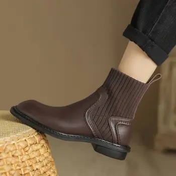 Высококачественные женские ботинки из натуральной кожи, зимняя обувь с круглым носком, однотонные модные женские ботильоны, удобные для ходьбы 4