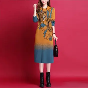 Высококачественный свитер, вязаное платье, Элегантное платье с длинными рукавами для матери среднего возраста, Шерстяное платье с модным принтом для благородной леди Z4655 14