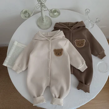 Готовая одежда для новорожденных, Зимний детский комбинезон, милый детский боди с капюшоном, теплый 0-2 лет 16
