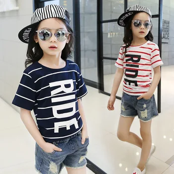 Детская летняя модная футболка для девочек 2017 года, футболка с короткими рукавами в полоску с корейским алфавитом для девочек 17