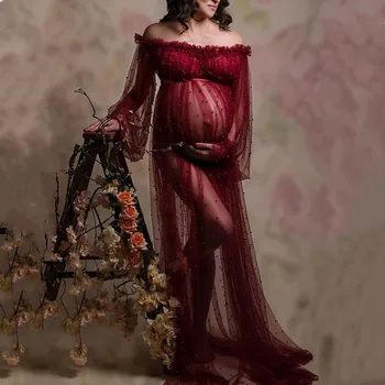 Длинное платье Для Фотосессии беременных с бисером и жемчугом, Прозрачное Платье Для Фотосессии беременных С разрезом на шее, Жемчужное Платье 5