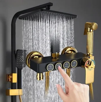 Душевой набор из черного золота SDSN Термостатическая система для ванной комнаты с дождевой Насадкой Латунный кран   18