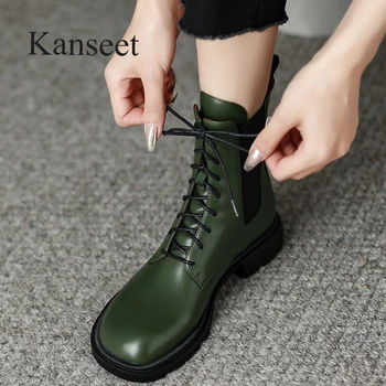 Женские ботильоны Kanseet, Модная обувь из натуральной кожи на эластичной шнуровке, осень-зима, короткие ботинки на среднем каблуке с круглым носком, Зеленые