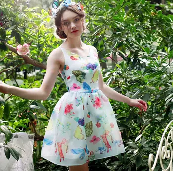 Женское платье Летнее женское Корейское модное короткое платье с цифровым принтом бабочки, сексуальное платье из органзы с V-образным вырезом и открытой спиной 3