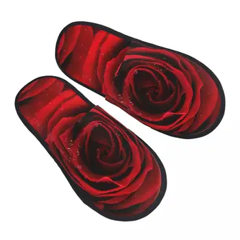 Зимние женские Мужские нескользящие тапочки на плоской подошве, Красная роза с каплями дождя, День Святого Валентина, меховая мягкая теплая обувь для помещений 5