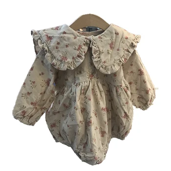 Зимний Вельветовый комбинезон с цветочным рисунком для маленьких девочек, воротник с лацканами, боди с длинным рукавом для малышей Bebe, весенне-осенняя одежда для новорожденных, 8