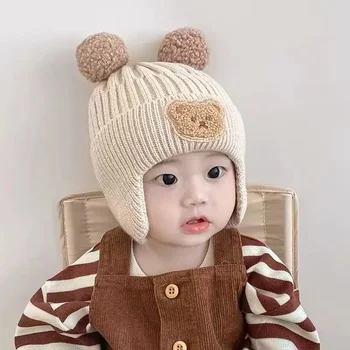 Зимняя детская шапочка-бини с защитой ушей Мультяшного Медведя, вязаная шапка для маленьких мальчиков и девочек, милые Корейские теплые Детские шапочки крючком 모자 18