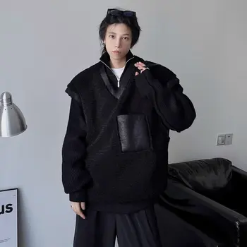 Зимняя Корейская Винтажная Готическая Теплая толстовка на бретелях American Fashion Y2K Street Свободная Персонализированная Утолщенная майка с капюшоном 9