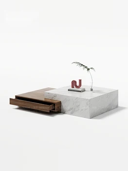 Итальянский минималистичный журнальный столик из натурального мрамора и массива дерева и тумба для телевизора в сочетании с гостиной дизайнерский дом в скандинавском стиле