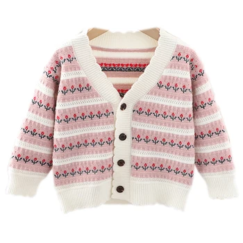 Кардиган для девочек, свитер, Весенне-осенняя одежда 2021 года, Новые цветы, вязаный свитер с длинным рукавом для маленьких девочек, детское пальто для детской одежды 17