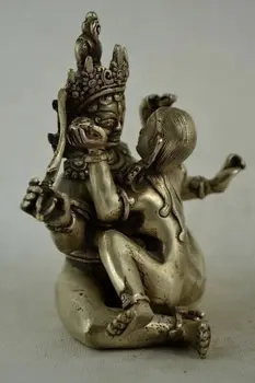 Коллекционный Украшенный старинной ручной работой Тибетский Серебряный резной Будда, занимающийся любовью Будда