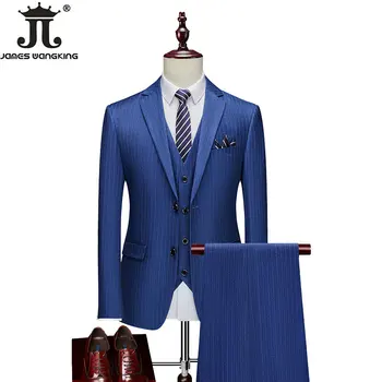 Куртка, жилет, Брюки, модный бутик элитного бренда, мужской повседневный деловой синий костюм в полоску, 3 шт. или 2 шт., свадебное платье для жениха, вечеринка 16