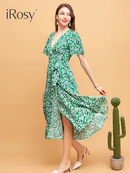 Летнее зеленое платье с запахом в цветочек для женщин 2023, Новое шикарное платье миди с коротким рукавом, женские офисные пляжные наряды для отдыха. 15
