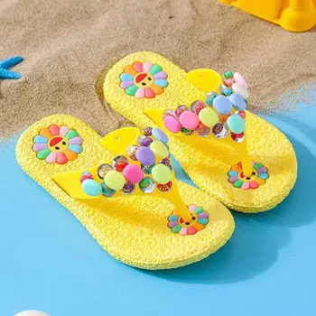 Летние детские повседневные тапочки-шлепанцы для девочек, мягкие нескользящие домашние тапочки с цветами, пляжные тапочки, тапочки для ванной комнаты 1